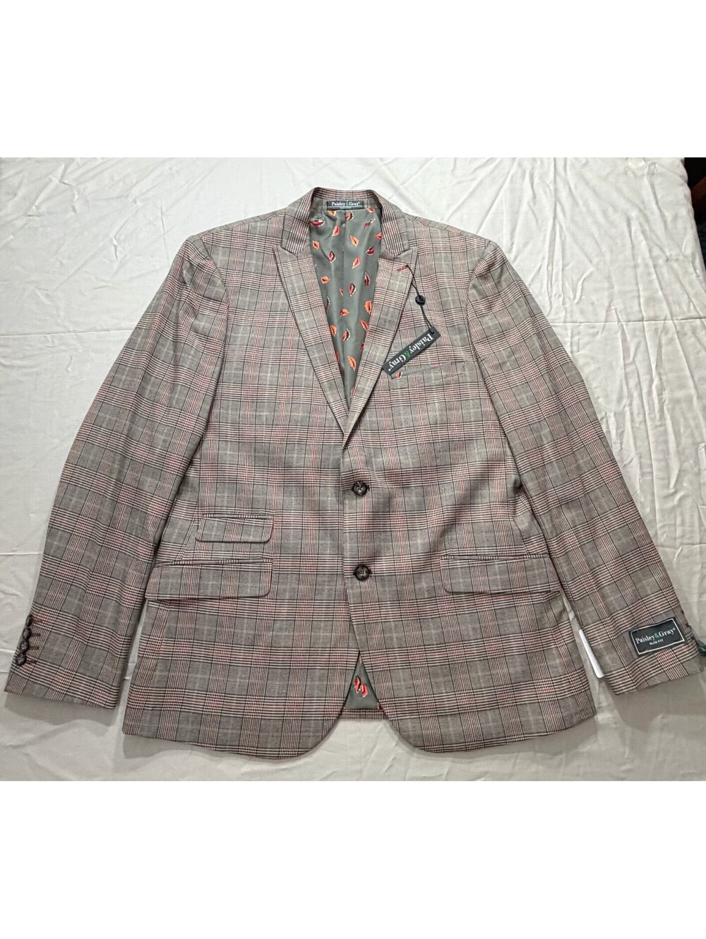 NWT Paisley & Gray Sport Coat 44R Slim Fit Gray Plaid Peak Lapel Blazer